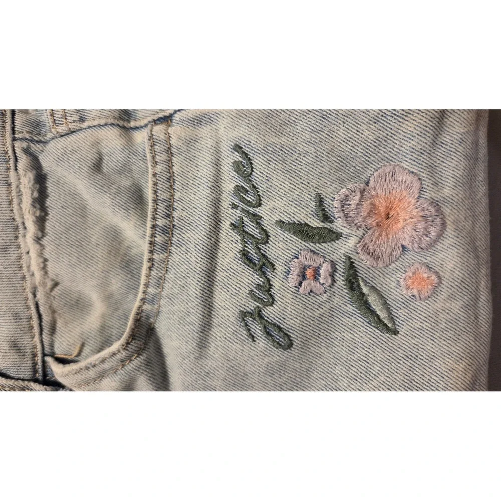 Justice Girls Size 14 Wide Leg Floral Embroidered Distressed Light Wash Jeans